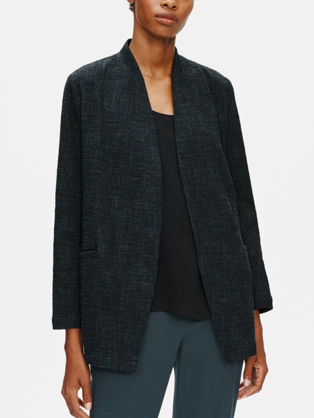 Eileen Fisher Tweedy Cotton Slub Long Jacket in Forest Night Size M